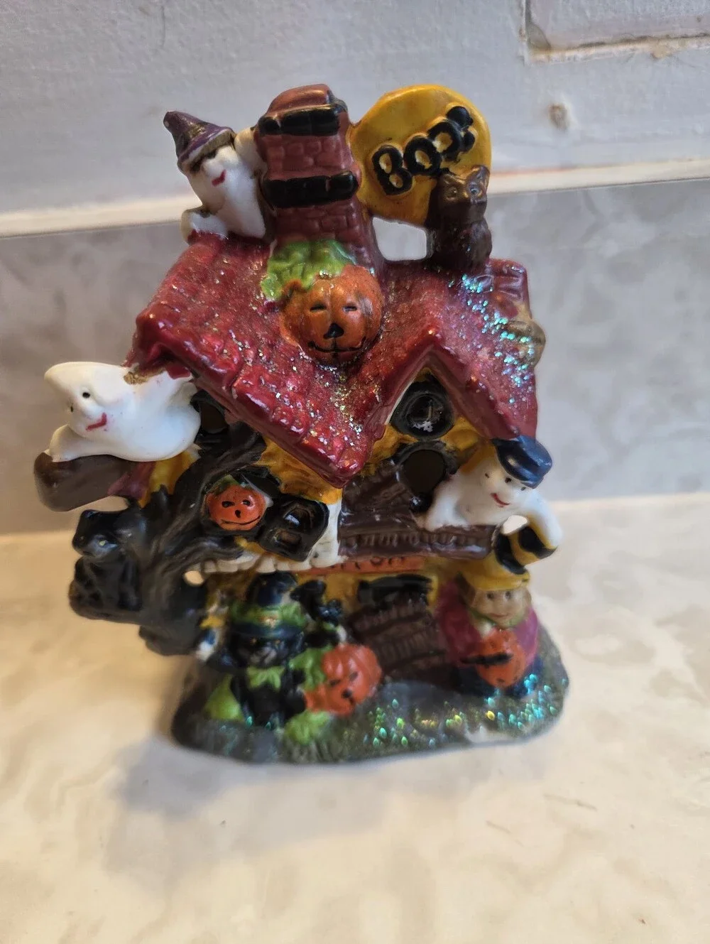 VTG Halloween Haunted House Small Village Figurine 5” Hand Painted Ghost Decor